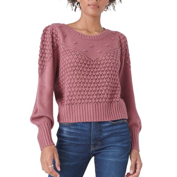 LUCKY BRAND | Mauve Chunky Open Knit Balloon Sleeve Crew Neck Sweater | Size S - Picture 1 of 13